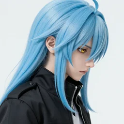 side profile of rimuru tempest looking down with sky blue hair, long hair, gold eyes, high collar, film grain, 3 5 mm, black jacket | shiny, highly detailed, rain, professional digital painting, concept art, award - winning photography, cinematic, wlop | art by pixiv art, andy warhol, yoshitaka amano, deviantart