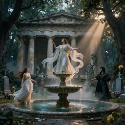 Cinematic stills from Final Fantasy and The Last Guardian mashup, Greek architecture, fountain, cemetery, mystical forest with enormous trees, god rays, bloom, volumetric fog, moody ambiance, dynamic poses, diaphanous cloth, intricate jewelry, cinematic lighting, twilight, sunset, by Alphonse Mucha, by James Gurney, by Bouguereau, by Rubens, fantasy, portfolio illustration, highly detailed, trending on Artstation, CGsociety, HQ, 8k, 35mm lens, f2.8, Bokeh,