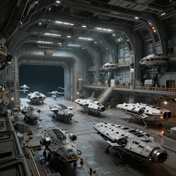 an extremely detailed masterpiece epic scene of the inside of a cavernous spaceship cargo bay with various types of parked militarized spacecraft and an opened hanger door space scene in background, in the style of lebbeus woods, intricate, elegant, highly detailed, digital painting, artstation, cinematic lighting, extremely moody lighting, glowing light and shadow, 4 k