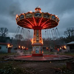 an abandoned amusement park with a swing ride set on fire by spirits. it spins with glowing red embers illuminating the rest of the park