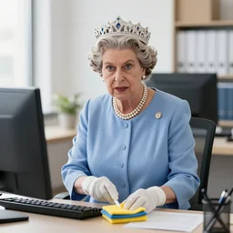 the queen as a early cleaner in an office