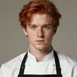 masterpiece closeup portrait of a young man with red hair in a chef\'s apron by Greg Rutkowski, 4k, masterpiece, cinematic, dungeons and dragons, detailed