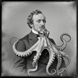 Daguerreotype of an octopus wearing a suit!!!!, classical portrait, 1849
