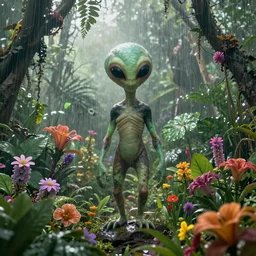 An alien jungle, colorful flowers, rain, morning light, photorealistic, realistic, high definition, soft light, high definition, detailed, 8k, artstation