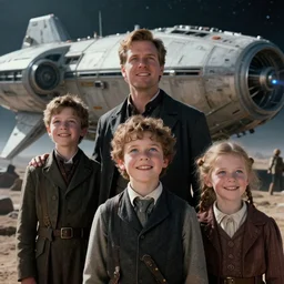 extremely sharply detailed, from blockbuster sci fi 8 k color movie freeze frame, set in 1 8 6 0, family standing in front of a crashed spaceship, on alien planet, looking happy, wearing 1 8 5 0 s era clothes, atmospheric lighting, in focus, reflective eyes, 2 4 mm macro lens, live action, nice composition, good photography, clear facial details