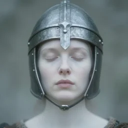 medieval helm, out of focus!!!! photorealistic portrait of a beautiful pale woman by saul leiter, very blurry!!!!, translucent white skin, closed eyes, foggy, pale lips