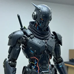 photo taken of an epic intricate, ultra detailed, super realistic gritty, wet, lifelike sculpture of a cyberpunk ninja robot with neon vein on his body, zoomed in shots, subsurface scattering, photorealistic, sharp focus, white wall coloured workshop, cold colour temperature, face centred, golden ratio,