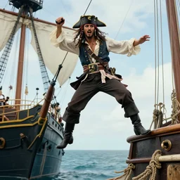 action photography of a pirate jumping off the ship
