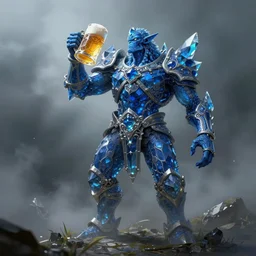blue body crystal!!! golem drinks beer, beer, glass, beer mug in hand, intricate, triumphantly, foggy background, full body art, dark souls, drawing, concept art, artstation, digital painting