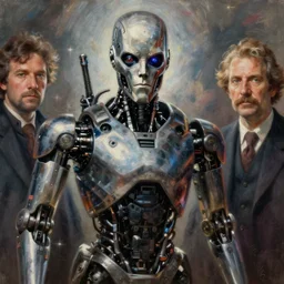 realistic portrait beautiful painting from scene in the terminator movie, when robot turned into mephisto. horror, created by thomas kinkade and gustave courbet, fine draw, high detailed, fine lighting, smooth draw, no anomaly.