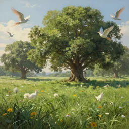 A beautiful grass field with giant trees and flying mystical creatures. Gorgeous painting by Michael Whelan. 4K HD Wallpaper. Premium Prints Available