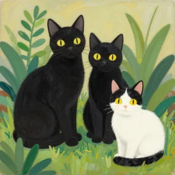 illustration of 2 black cats and 1 white and black cat with yellow eyes resting between plants by shusei nagaoka kaws, david rudnick, airbrush on canvas, pastell colors, cell shaded