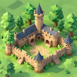 medieval castle in a jungle, 3 d, isometric, courtyard, very low poly