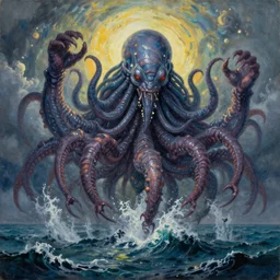 oil painting of cthulhu rising from the ocean, epic scene, gigantic monster, peter mohrbacher