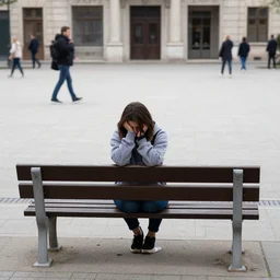 sadie sink in a hoodie sits on a bench in a square, pedestrians walk past. background of old soviet monument. storyboard, scifi cyberpunk. by gabriel hardman, joe alves, chris bonura. cinematic atmosphere, detailed and intricate, perfect anatomy