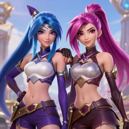 star guardian xayah and star guardian kai'sa!!!!!!!!!! friends together, league of legends, star guardian xayah, star guardian kai'sa, hyperrealistic, realistic, high definition, by weta digital, 3 - dimensional, realistic - n 1 2