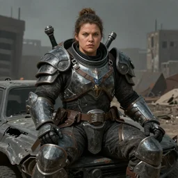character portrait of a bulky female warrior wearing jet part inspired battle armor sitting on a broken down vehicle in a desolate city, symmetrical face details, realistically rendered eyes, photrealistic eyes, 8 k, fine details, ultra realistic, realistic shading, digital painting, illustration, matte painting, moody lighting, sharp focus, minimal artifacts, john singer sargent