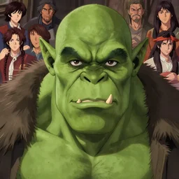 a male orc with dull fangs and olive green skin | | very anime, fur bra, fine - face, pretty face, realistic shaded perfect face, fine details. anime. realistic shaded lighting poster by ilya kuvshinov, katsuhiro otomo, greg rutkowski, magali villeneuve, artgerm, jeremy lipkin and michael garmash and rob rey