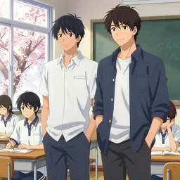 boy's love anime high school classroom scene spring setting, romantic undertones, expert high detail concept art, perfect proportions fine - face, tall handsome guys, modern design, bold colors, realistic shaded lighting poster ilya kuvshinov, wlop, makoto shinkai, loish and clamp style, 8 k resolution trending on art station, best selling artist