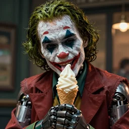 animatronic joker licking a soft serve ice cream cone 🍦, dimly lit, real - hair, photorealistic hyperdetailed 3 d matte painting, hyperrealism, hyperrealistic, cinematic, silent hill, unrealengine octane render,