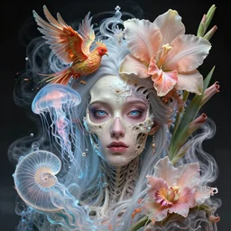head shot intricate portrait of the face of a beautiful princess mixed with skull and jellyfish and phoenix bird and giant orchid flower and giant gladiola and surrounded by smoke and water energy flow. translucent nautilus, highly detailed. octane render, excellent composition, by arturo comin
