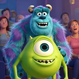 Joe Biden is a happy monster with huge teeth in the movie Monsters Inc::several people are watching him laughing