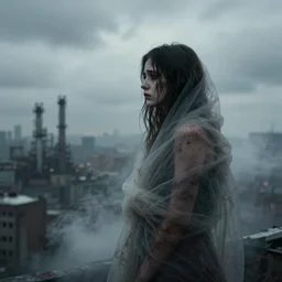 mysterious sad rotten girl wrapped in smoke observing a big industrial city metropoli in the distance, cloudy sky, requiem for a dream