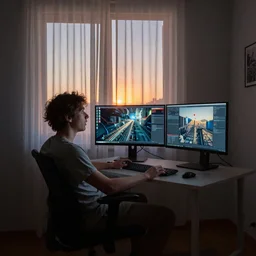 an excited insomniac sitting on his aeron chair at his small ikea desk staring up at a multi-monitor setup at 3AM with the sunrise peeking through the curtain blinds , hyperdetailed, octane , hyper realistic , detailed , interior , hyperfocal 8k , in the style of Noah Bradley