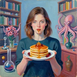 a portrait in a colour - coded library, a woman holding pancakes, honey dripping, berries dripping, scientific instruments, ikebana, octopus, neo - expressionism, surrealism, acrylic and spray paint and oilstick on canvas