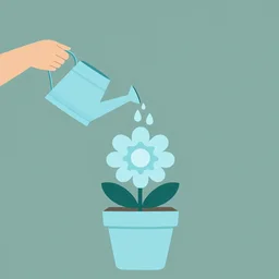 a woman holding a watering can on top of a light blue flower that is on top of a plant pot, is dripping three drops of water from the watering can, flat design, flat colors, illustration