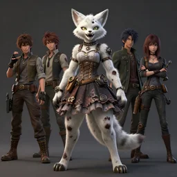 wide angle beautiful full body portrait of a strong female damaged zombie anthropomorphic anthro white lynx fursona wearing a steampunk dress toothsome open mouth. character design by disney, anime, manga, charlie bowater, ross tran, artgerm, and makoto shinkai, detailed, soft lighting, rendered in octane