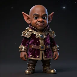beautiful full body portrait of a male cyberpunk gnome black, wearing a fancy velvet tunic, by wlop and artgerm, steampunk! fiction, detailed deep black eyes, starry background, trending, on artstation.