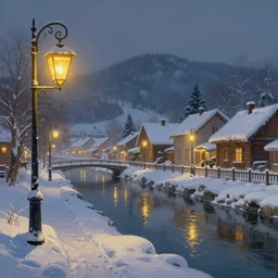 beautiful digital painting of a village in snow next to a canal winter scene hanging street lanterns illuminated by Evgeny Lushpin and Thomas Kinkade