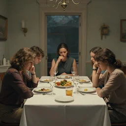 a magnificent masterpiece artwork depicting a sad family at a dinner table, by laurie lipton, trending on artstation, cinematic, highly detailed, 8 k,