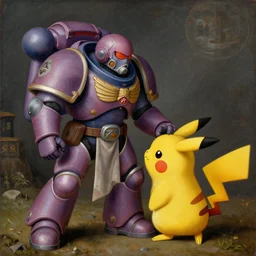 medival painting of space marine petting a Pikachu
