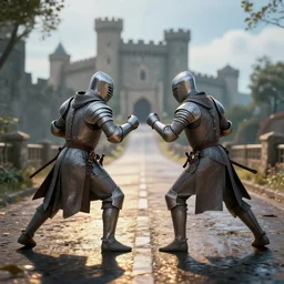 fight scene medieval road near castles, center camera composition, 2 5 mm, bokeh, volumetric lighting, movie action scene, 8 k, lumen reflections, sharpened, insanely detailed and intricate, elegant, ornate