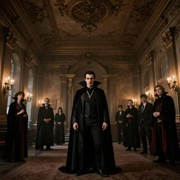 A room full of people, vampires, high ceiling, victorian, dracula, soft light, ominous, photorealistic, detailed, 8k