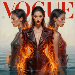 3 d, fashion model, flame, liquid water, morning, vogue cover style, poster art, high detail, intricate oil painting, multiple exposure, hell mood, hyperrealism, 3 d, by tooth wu and wlop and beeple and greg rutkowski