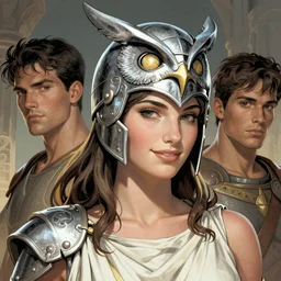 the greek goddess athena smiling, silver owl helmet, by brian azzarello and mark ryden, illustration