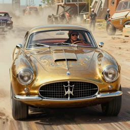 jack kirby painting, maserati tipo 1 5 1, highly detailed, ornate, octane, cinematic, driver rider, retro futuristic, mad max fury road