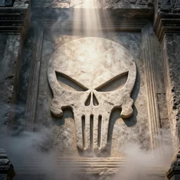 punisher symbol carved deeply into stone edifice in the ancient ruins with luminous smoke and light rays.
