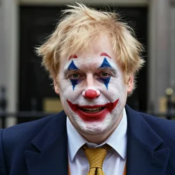 smiling boris johnson wearing clown makeup, anatomically correct, photography portrait, hyper realistic, 8 k, highly detailed