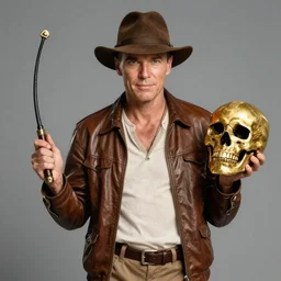 young roger moore as indiana jones holding a whip in left hand and holding a golden mayan skull in the right hand, grey background, hyperdetailed, artstation, cgsociety, 8 k