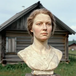portrait bust of woman, solemn expression, color film, russian cinema, tarkovsky, kodachrome, old cabin, next to window, heavy forest outside, long brown hair, cloth, heavy fog, hudson river school, 4 k, dramatic lighting