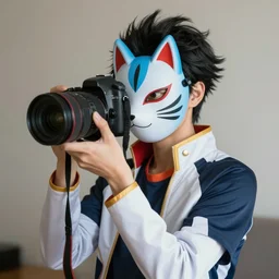 Haikyuu Tendou Satori wearing mirrors-edge style clothes and a blue kitsune mask. DSLR Camera with a large sensor. Soft lighting and shadows. F/2.8 or f/4. ISO 1600. Shutter speed 1/60 sec. Lightroom.