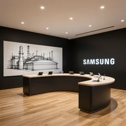 daily deviation industrial sketch of serious grounded balanced muted flagship samsung store, black walls. timber floor. low ceilings with spots. curved furniture, with large digital screen. display tables with phones and tablets, pots with plants, large digital screens on the walls masterpiece architectural sketch