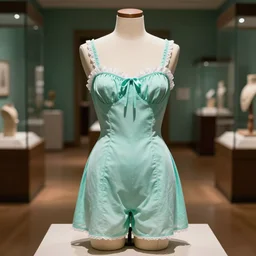 the film still photographed image is a vintage step - in combination from the 1 9 4 0 s. the undergarment is inspired by teal mint cottagecore. it is displayed on a mannequin in a museum exhibit. vibrant cinematography, anamorphic lenses, upscale, hyper realistic photo, crisp, detailed image in 8 k resolution.