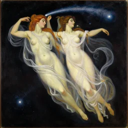 painting of gemini goddesses clothed by a comet floating in deep space by tamara de lempicka