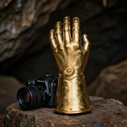 a golden gauntlet is sitting in a dark cave, clear focus, bokeh effect, high res, hasselblad, dslr, professional, cinematic