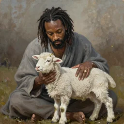 “Wallace Shawn as Jesus petting a lamb highly detailed masterpiece, oil painting”
